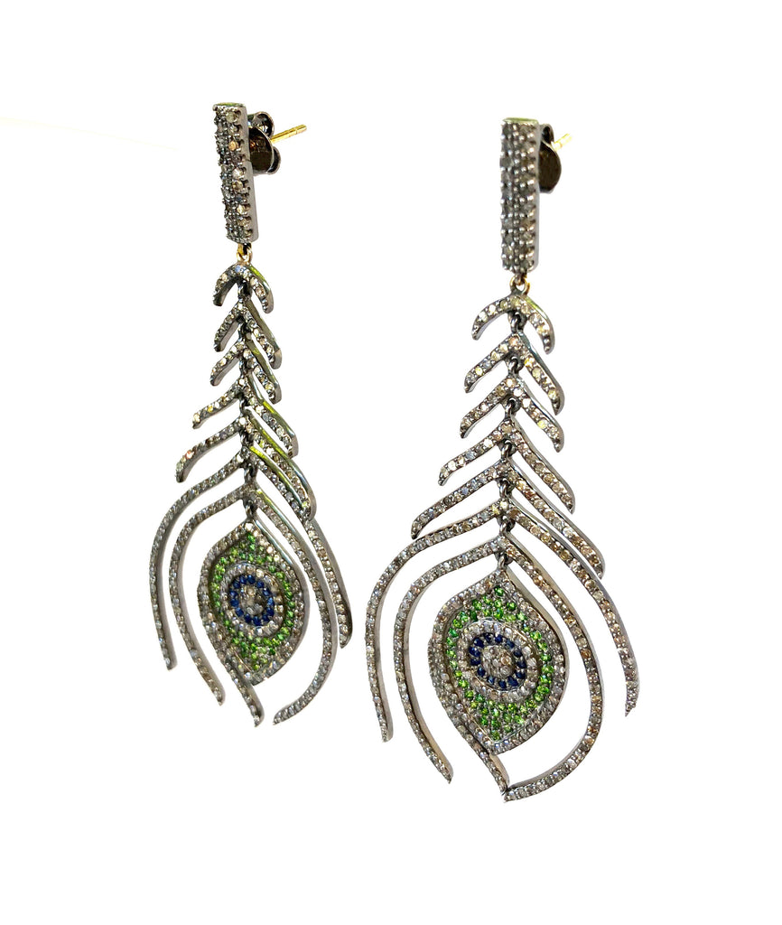 Diamond, Sapphire, and Emerald Peacock Feather Earrings