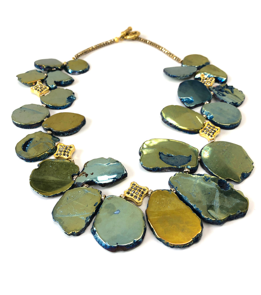 Iridescent Green, Blue & Gold Flat Pyrite Stone Necklace