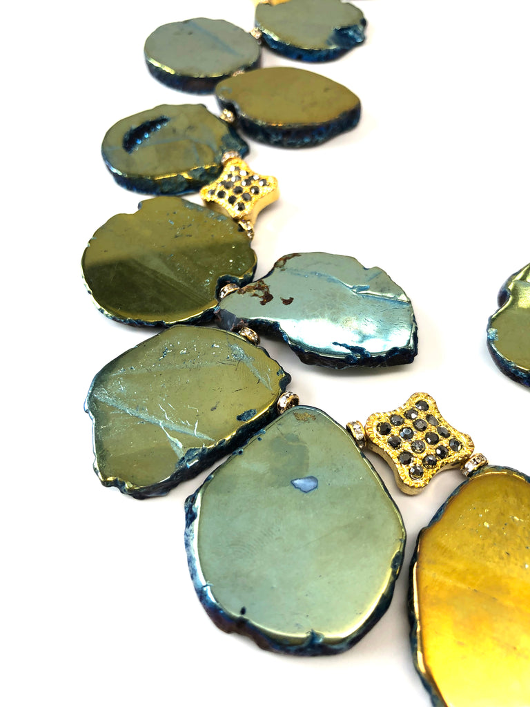 Iridescent Green, Blue & Gold Flat Pyrite Stone Necklace