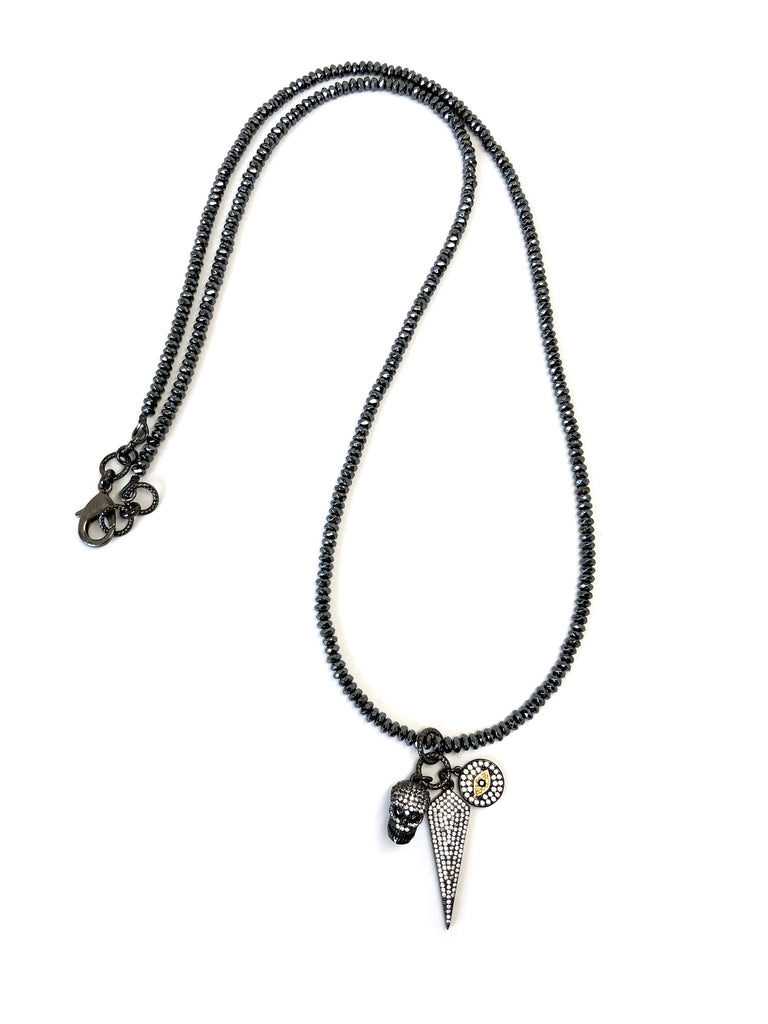 Gunmetal Skull, Arrow & Evil Eye Long Charm Necklace