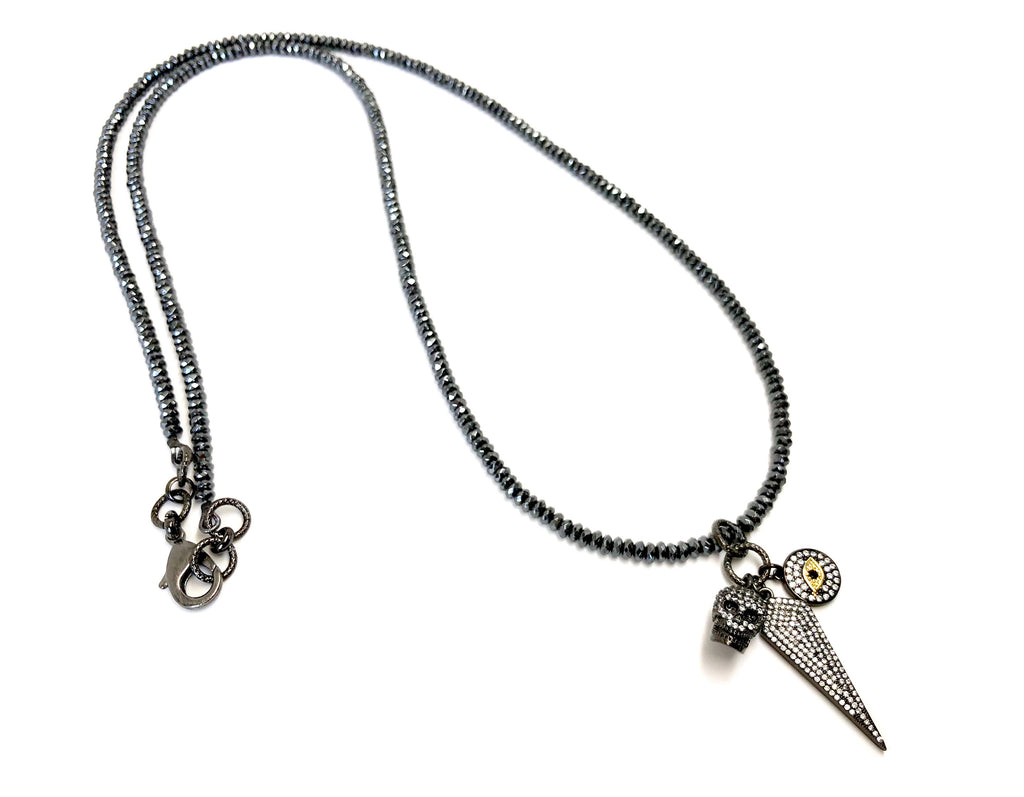 Gunmetal Skull, Arrow & Evil Eye Long Charm Necklace