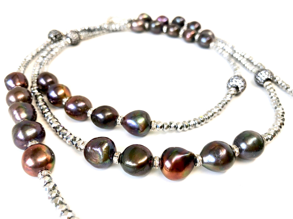 Long Silver Hematite Necklace with Black Pearls & Pave Balls