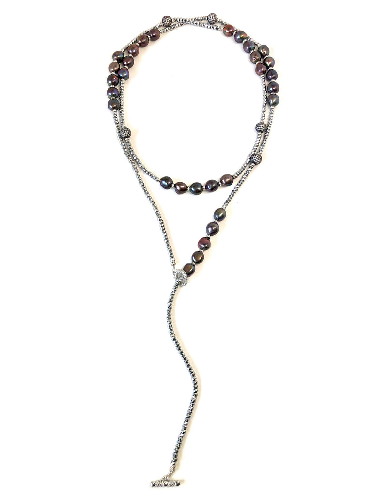 Long Silver Hematite Necklace with Black Pearls & Pave Balls