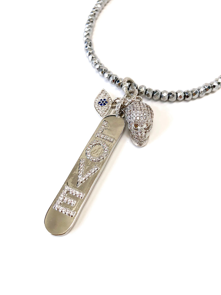 Silver Skull, Love & Evil Eye Long Charm Necklace