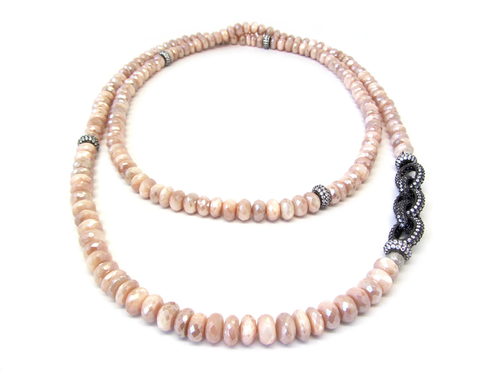 Peach Moonstone Necklace with Pave Link Chain