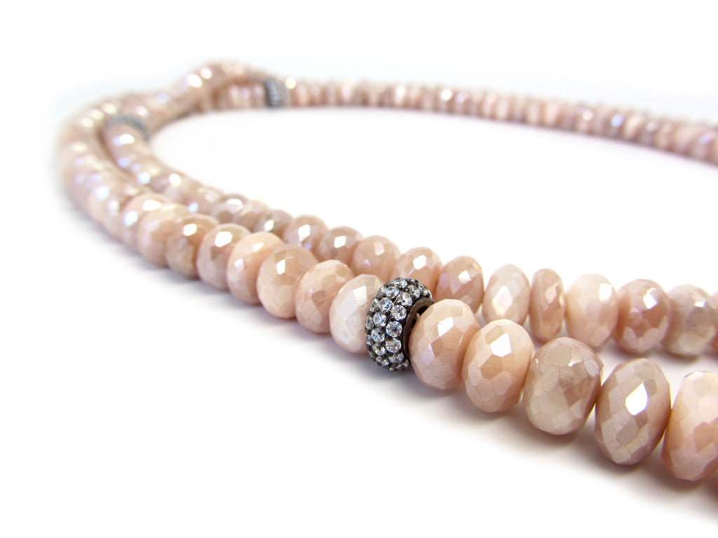 Peach Moonstone Necklace with Pave Link Chain