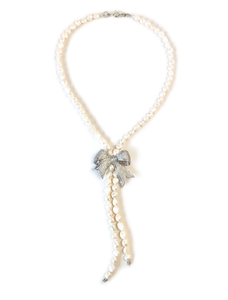Pearl Necklace with Large Silver Pave Bow
