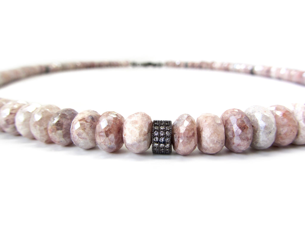 Pink Moonstone Necklace with White Sapphire Spacers & Clasp