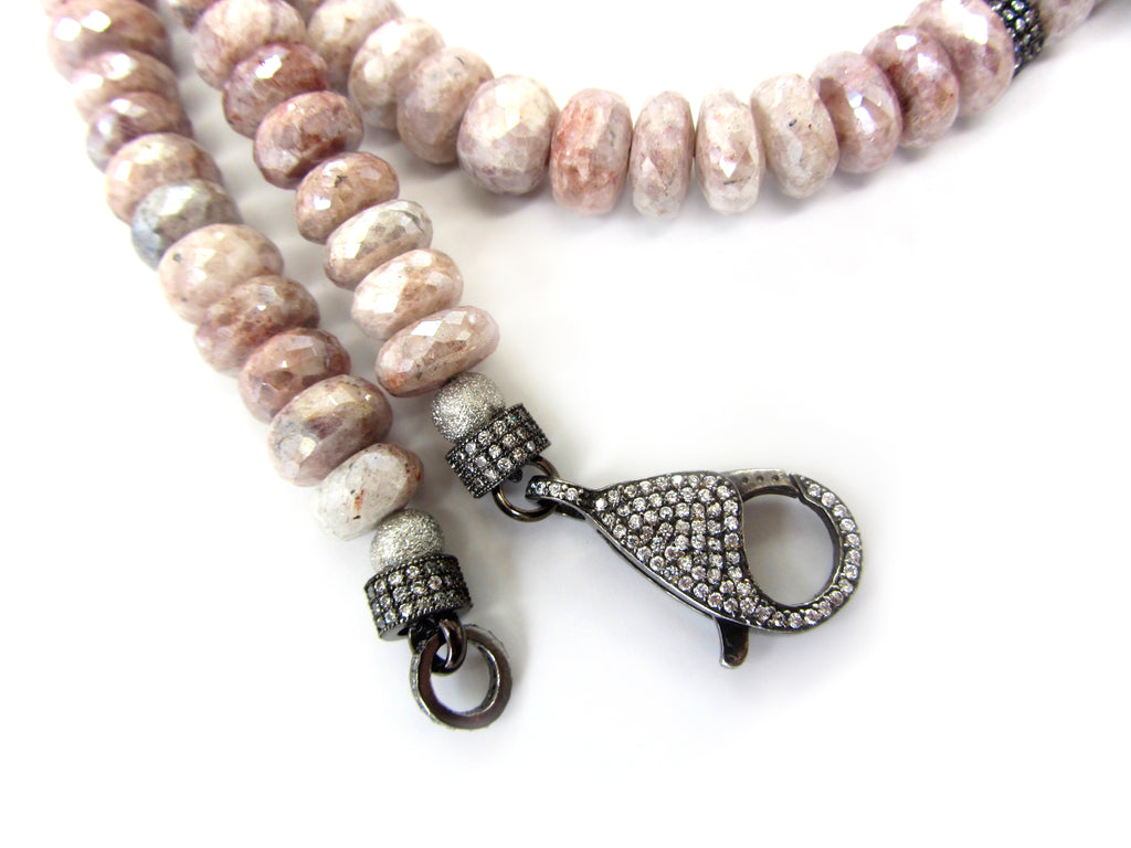 Pink Moonstone Necklace with White Sapphire Spacers & Clasp