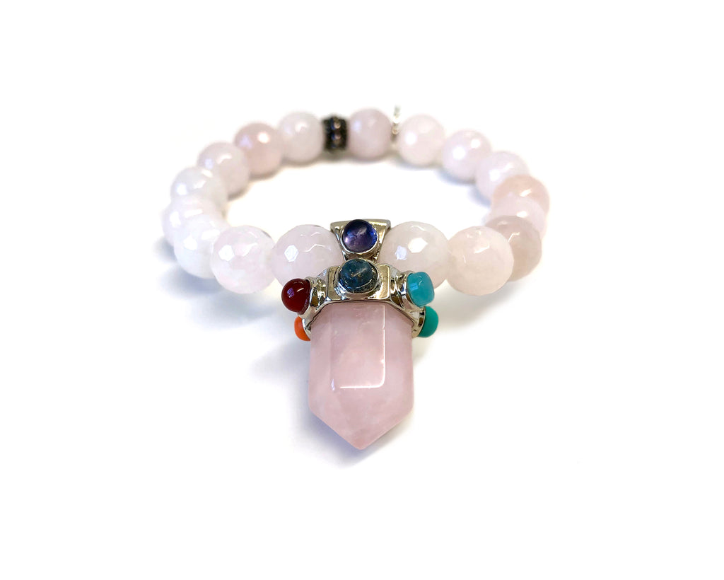 Quartz Crystal with Colored Gems on Beaded Bracelet