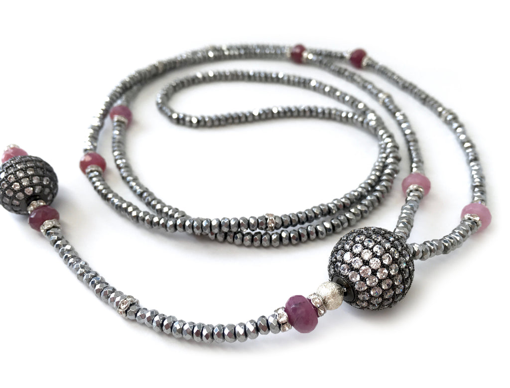 Victoria Hematite, Semi Precious Stone & Pave Ball Necklace