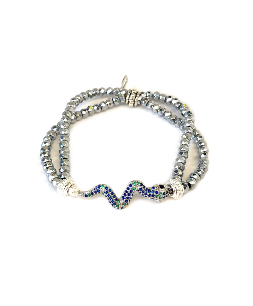 Blue & Green Snake Charm on Double Strand Hematite Bracelet