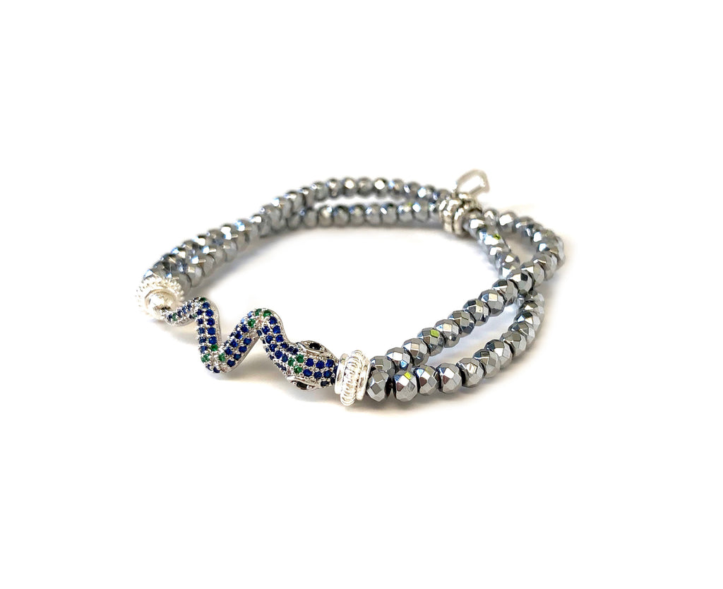 Blue & Green Snake Charm on Double Strand Hematite Bracelet