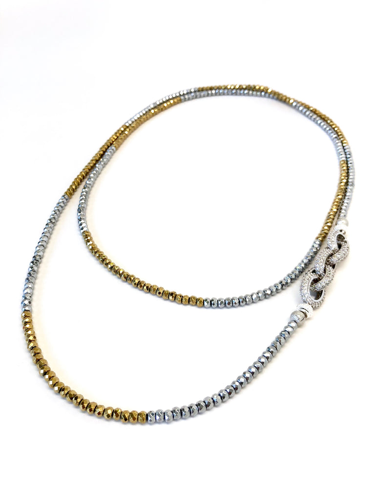 Silver & Gold Dash Hematite Pave Link Necklace