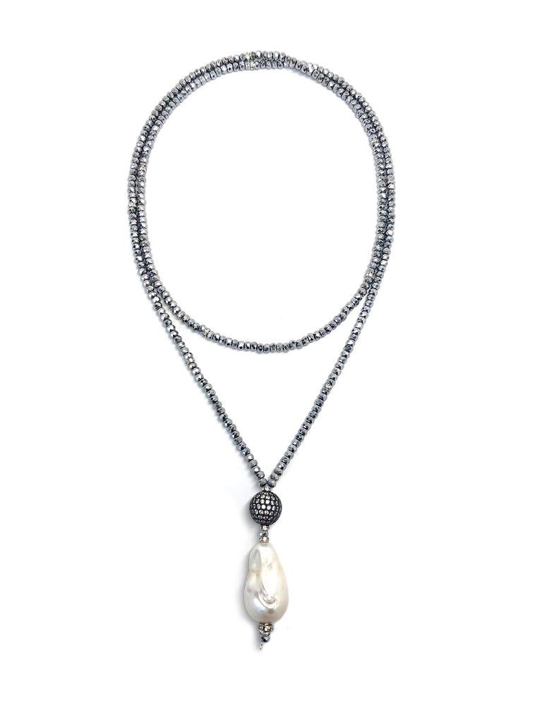 Victoria Silver Hematite, Pave Ball & Baroque Pearl Necklace