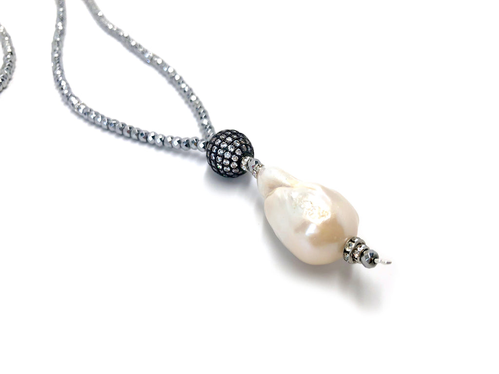 Victoria Silver Hematite, Pave Ball & Baroque Pearl Necklace