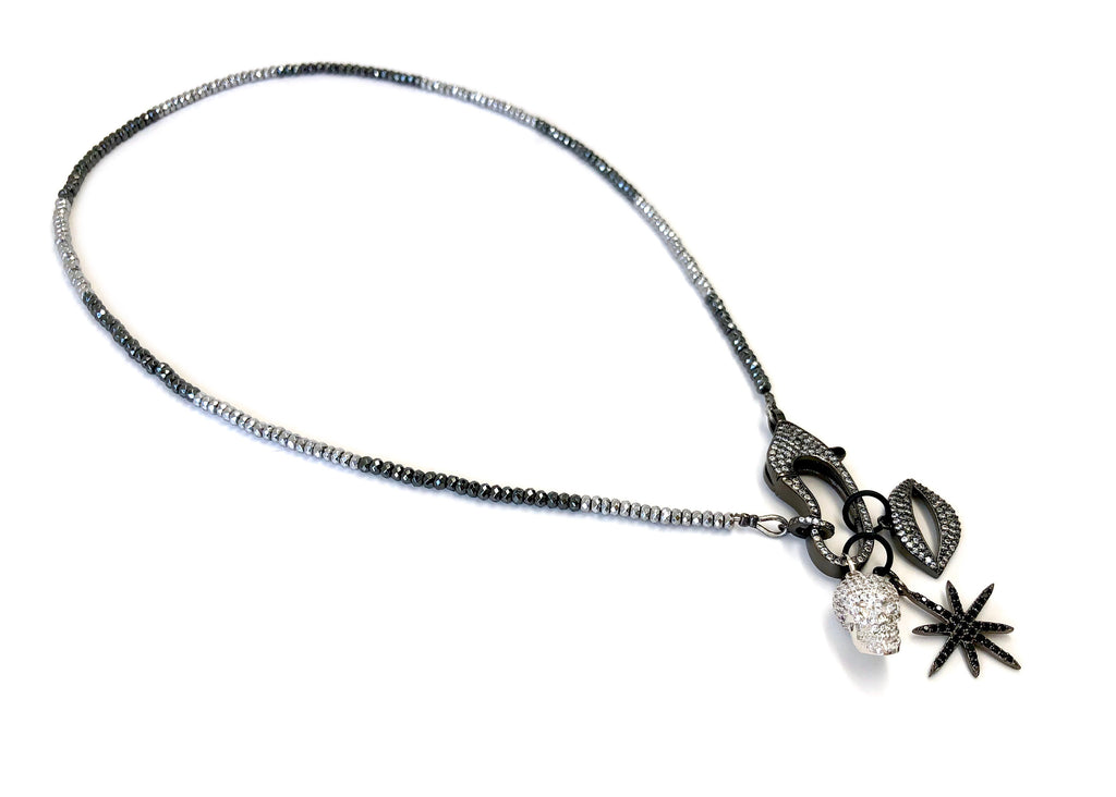 Hanging Charms & Pave Clasp on Hematite Necklace