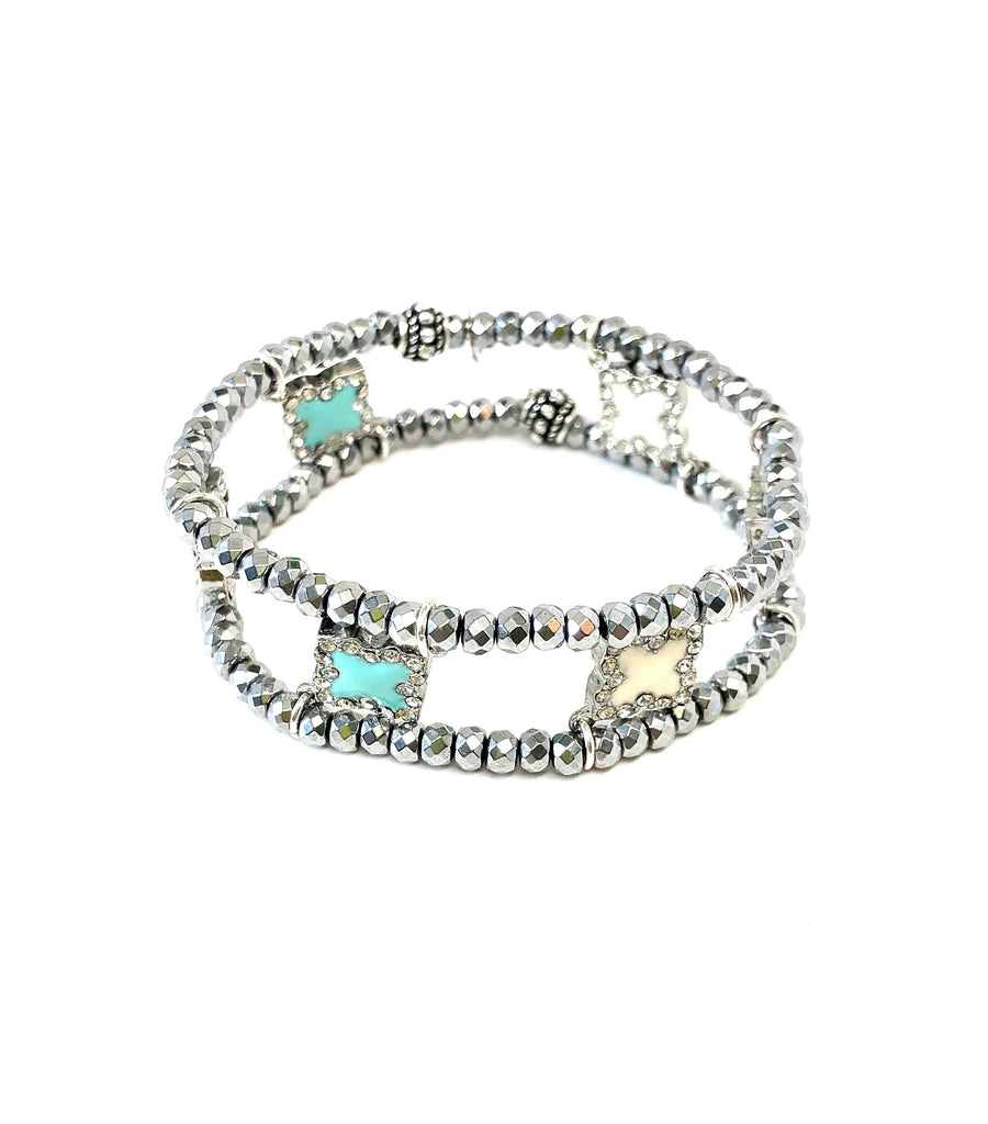 Turquoise & White Fleur de Lis Charm Cuff Bracelet