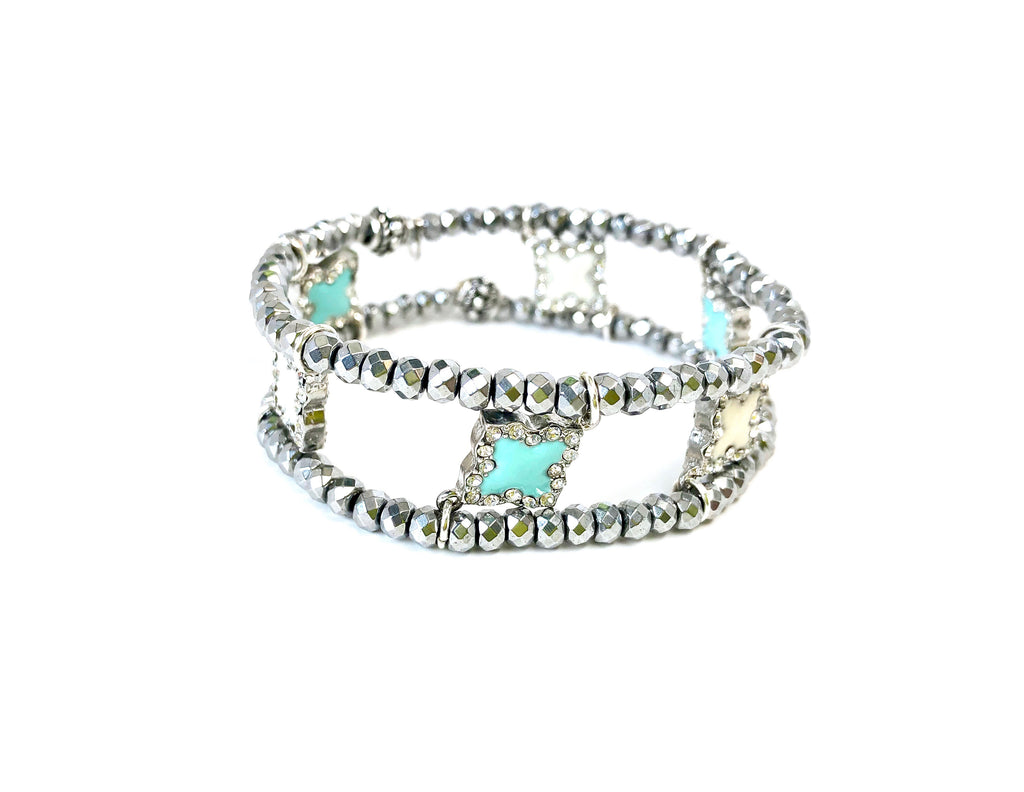 Turquoise & White Fleur de Lis Charm Cuff Bracelet