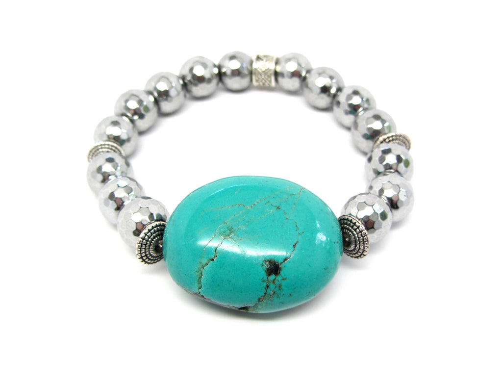 Turquoise Stone on Silver Hematite Bracelet