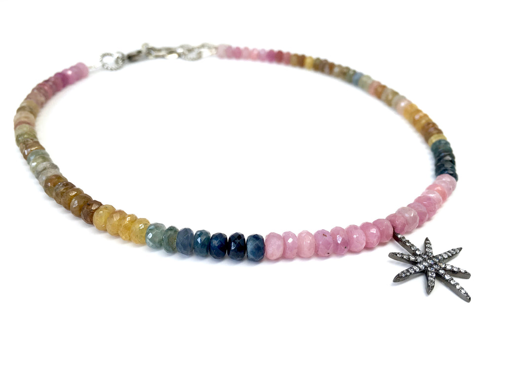 Mini White Sapphire 8-Point Star on Rainbow Sapphire Necklace